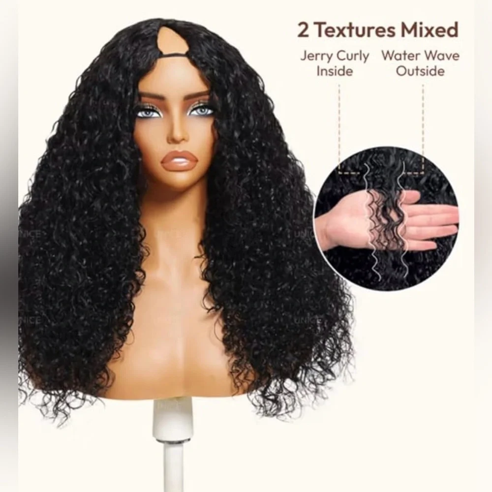 UNICE InvisiBlend V Part Water Wave Mixed Curly Human Hair 20 Inch Wig